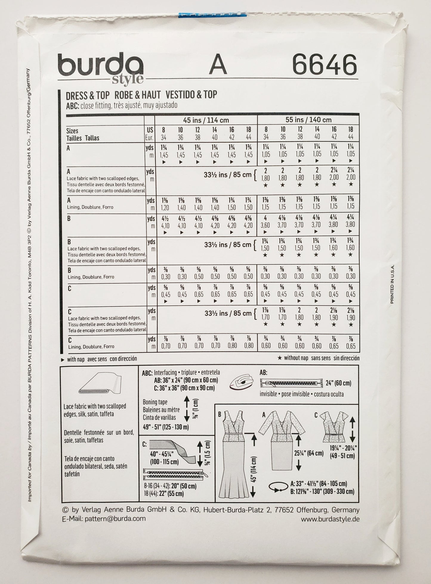 BURDA STYLE, Sewing Pattern 6646, Evening Dress, Lace Overlay, Top, Size 8-18