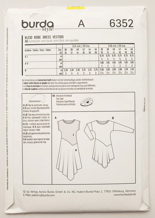 BURDA STYLE, Sewing Pattern 6352, Dress with Uneven Hemline, Size 10-20