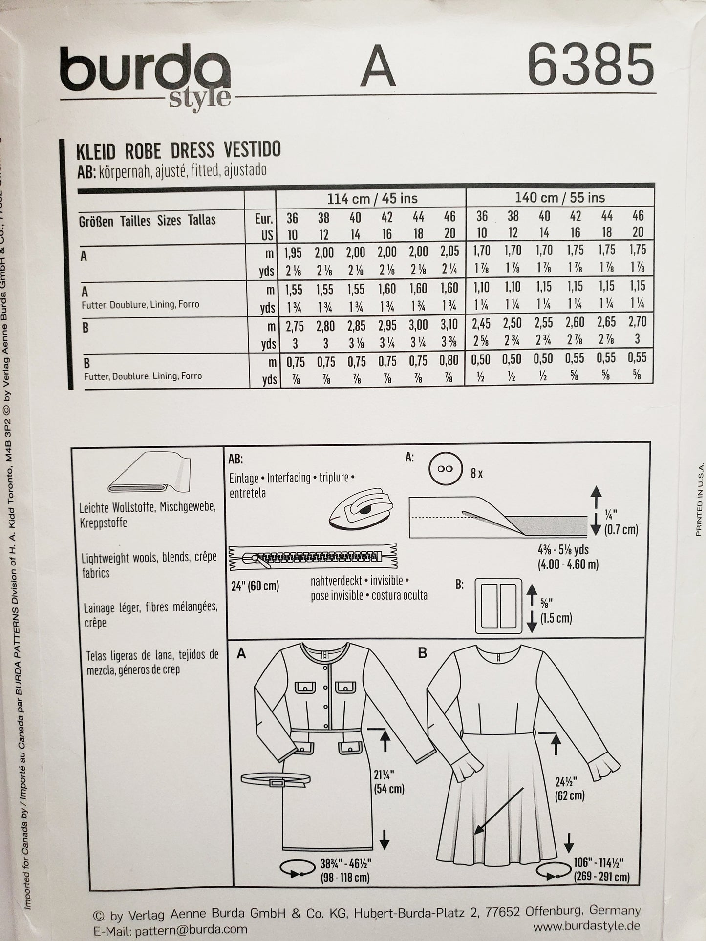 BURDA STYLE, Sewing Pattern 6385, Skater Dress with Long Sleeve, Short Dress with Long Sleeve, Size 10-20
