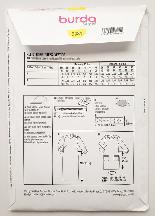 BURDA STYLE, Sewing Pattern 6381, Dress, Tunic, Front Pockets, Decorative Buttons on Shoulder, Size 10-20