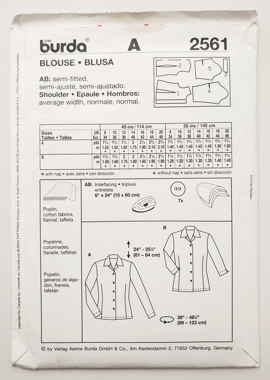 BURDA, Sewing Pattern 2561, Classic Tailored Blouse, Shirt, Sleeve Length Variations, Size 8-20