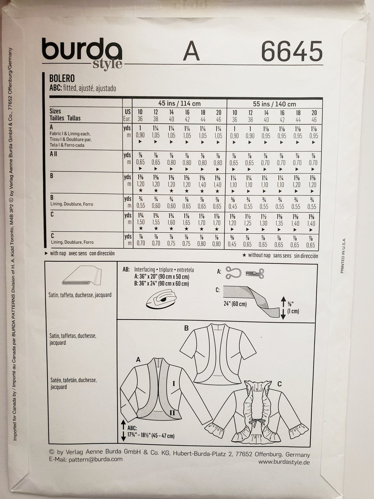 BURDA STYLE, Sewing Pattern 6645, Bolero, Fitted Open Jacket, Size 10-20