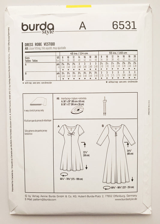 BURDA STYLE, Sewing Pattern 6531, Dress with Fabric Tie /Bow. Two Variations, Size 10-20