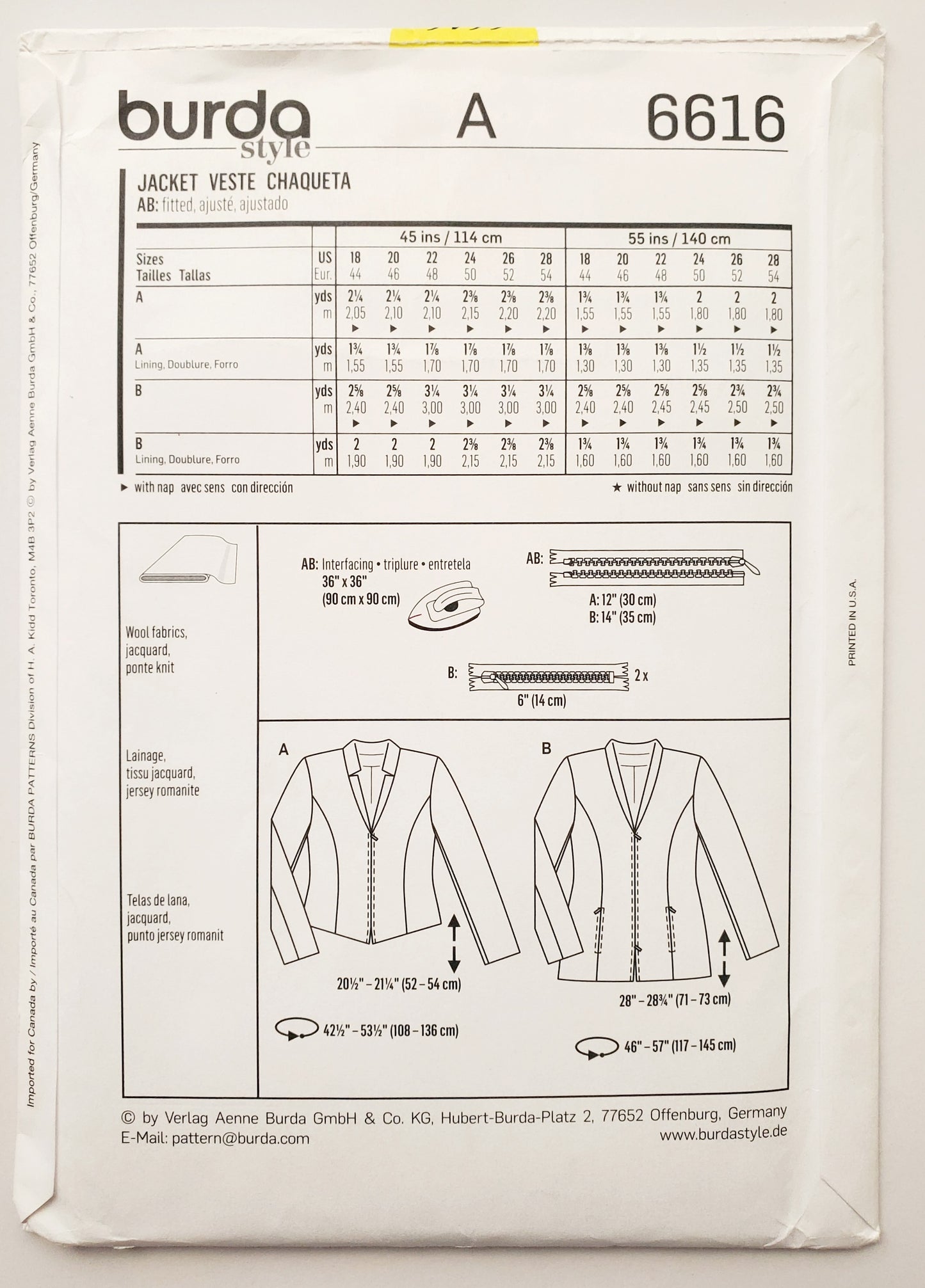 BURDA STYLE, Sewing Pattern 6616, Fitted Jackets with Zips, Size 18-28