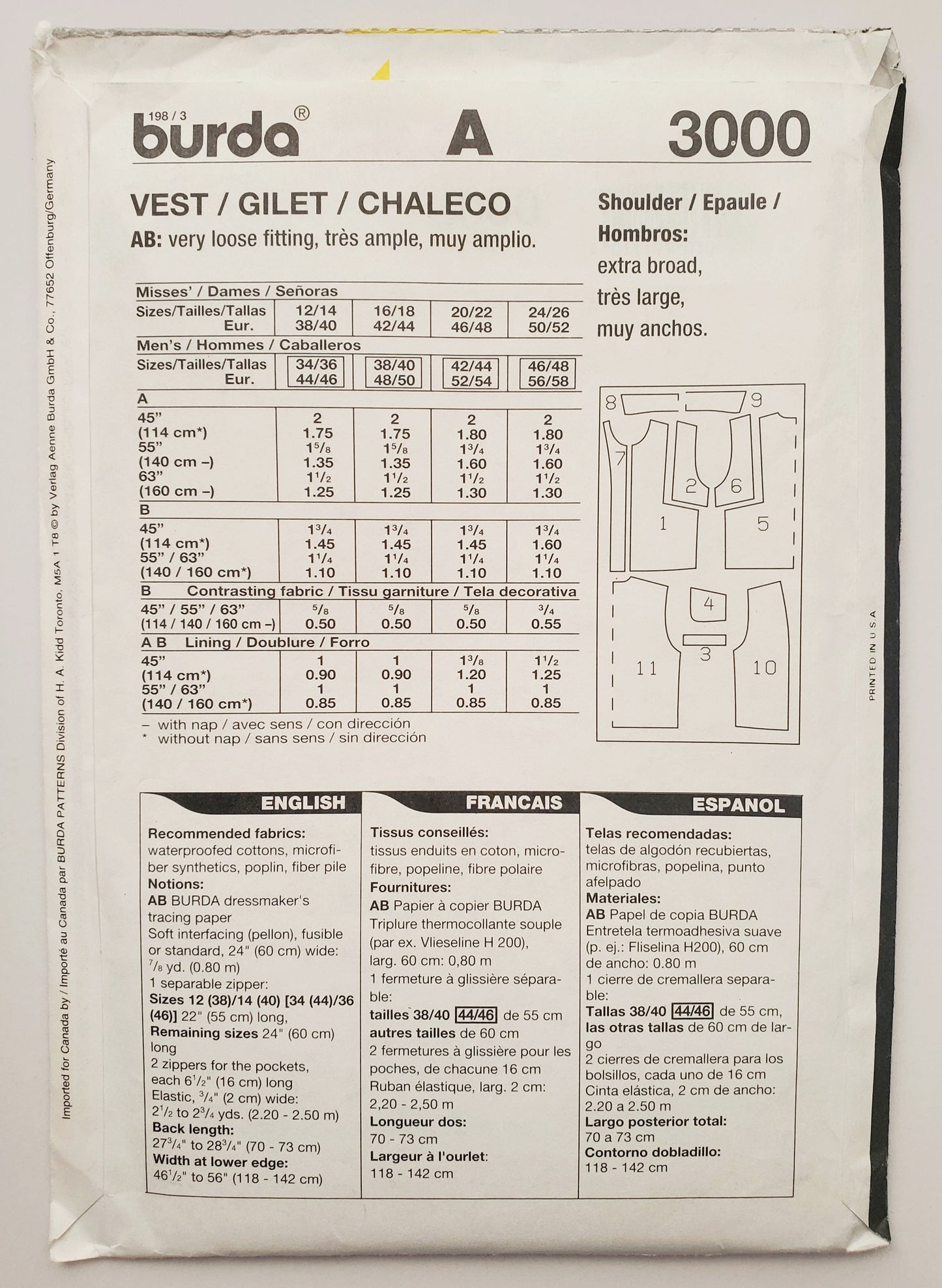 BURDA, Sewing Pattern 3000, Vests, Jackets, Unisex, Men's Size 34-48, Women's, Size 12-26