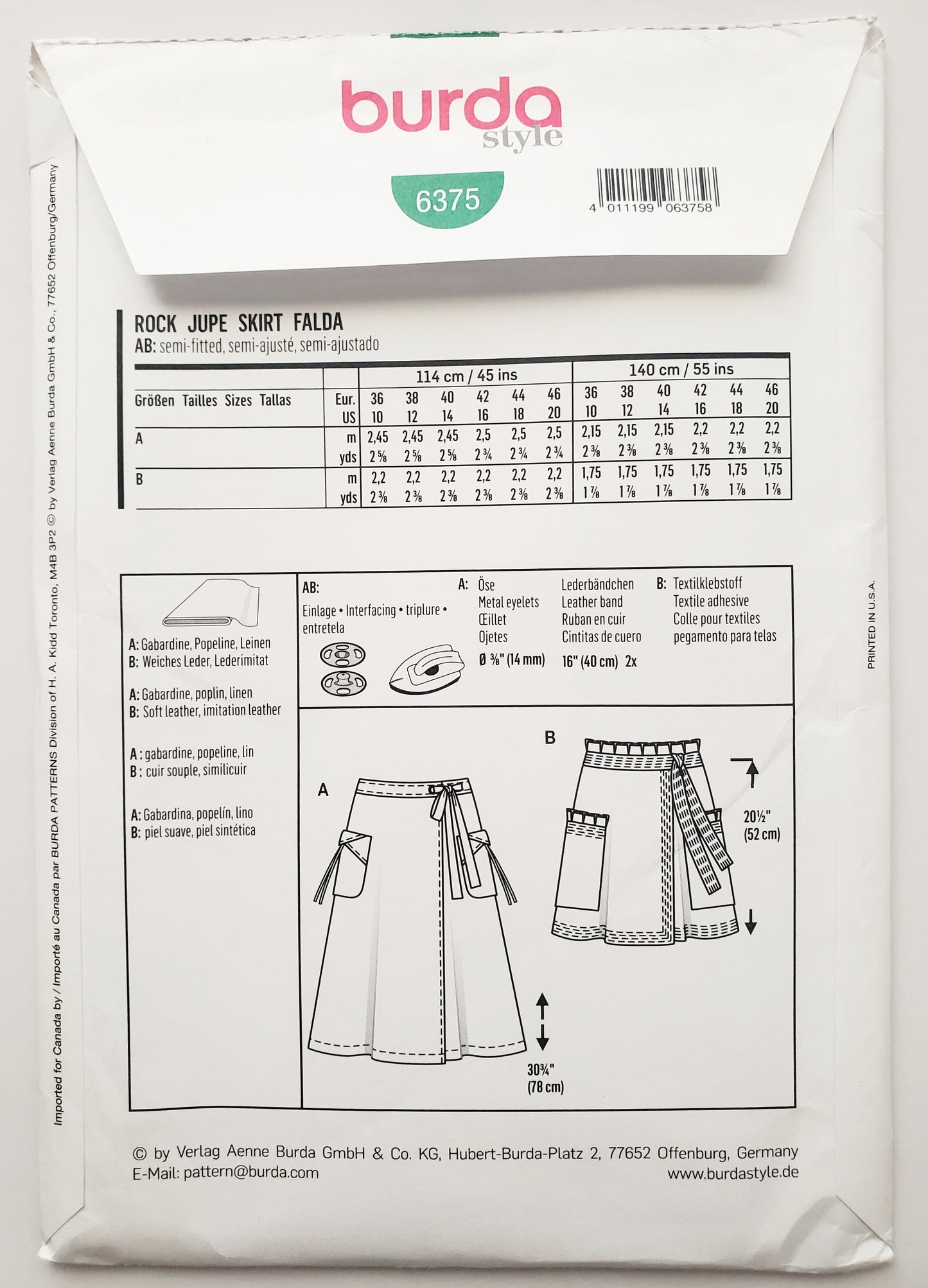BURDA STYLE, Sewing Pattern 6375 Soft Leather Skirts, Size 10-20