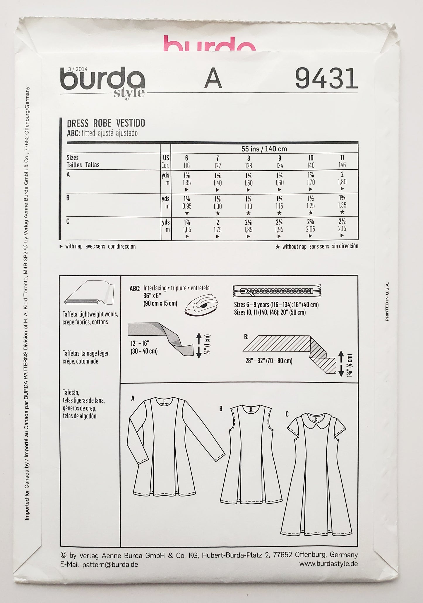 BURDA KIDS, Sewing Pattern 9431, Dress with Sleeve Variations, Kids, Girls, Size 6-11