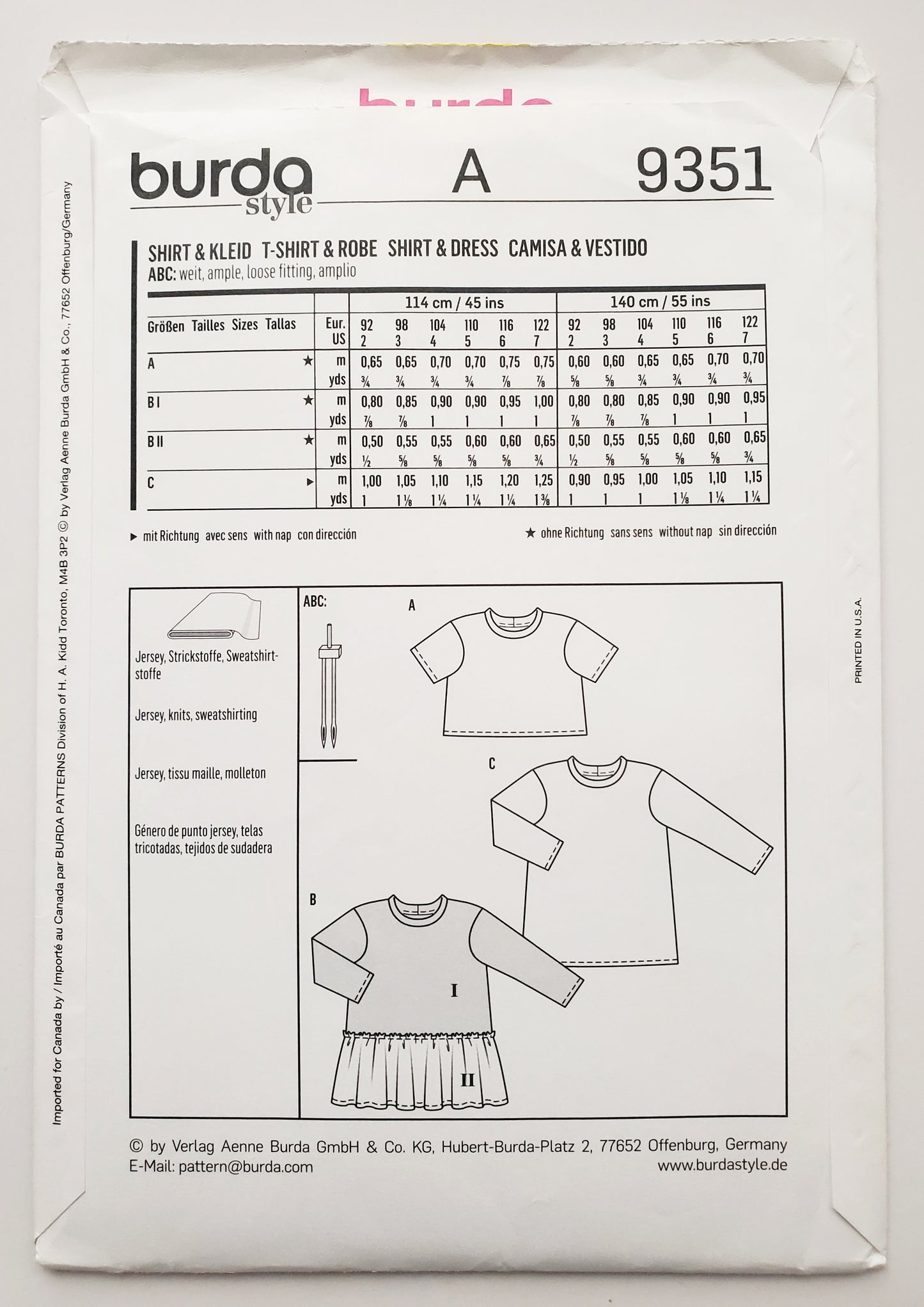 BURDA KIDS, Sewing Pattern 9351, T-shirt-Dress, Top, Dress, Girls, Kids, Size 2-7