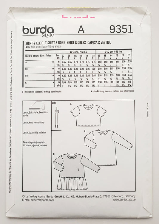 BURDA KIDS, Sewing Pattern 9351, T-shirt-Dress, Top, Dress, Girls, Kids, Size 2-7 (Copy)