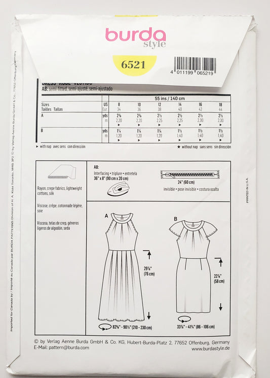 BURDA STYLE, Sewing Pattern 6521, Summer Dresses with Light Weight Fabrics, Size 8-18