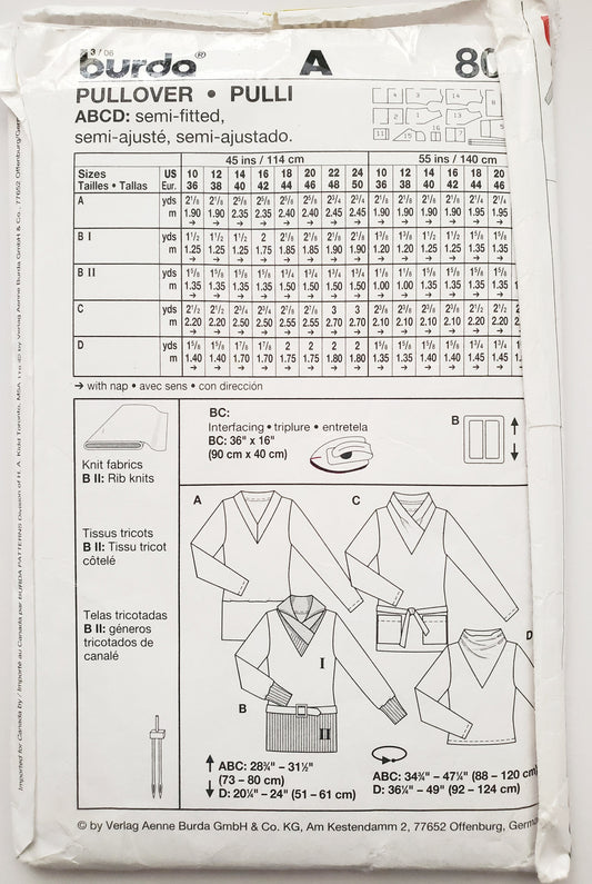 BURDA, Sewing Pattern 8028, Semi-Fitted Tops, Draped Neckline, Size 10-24