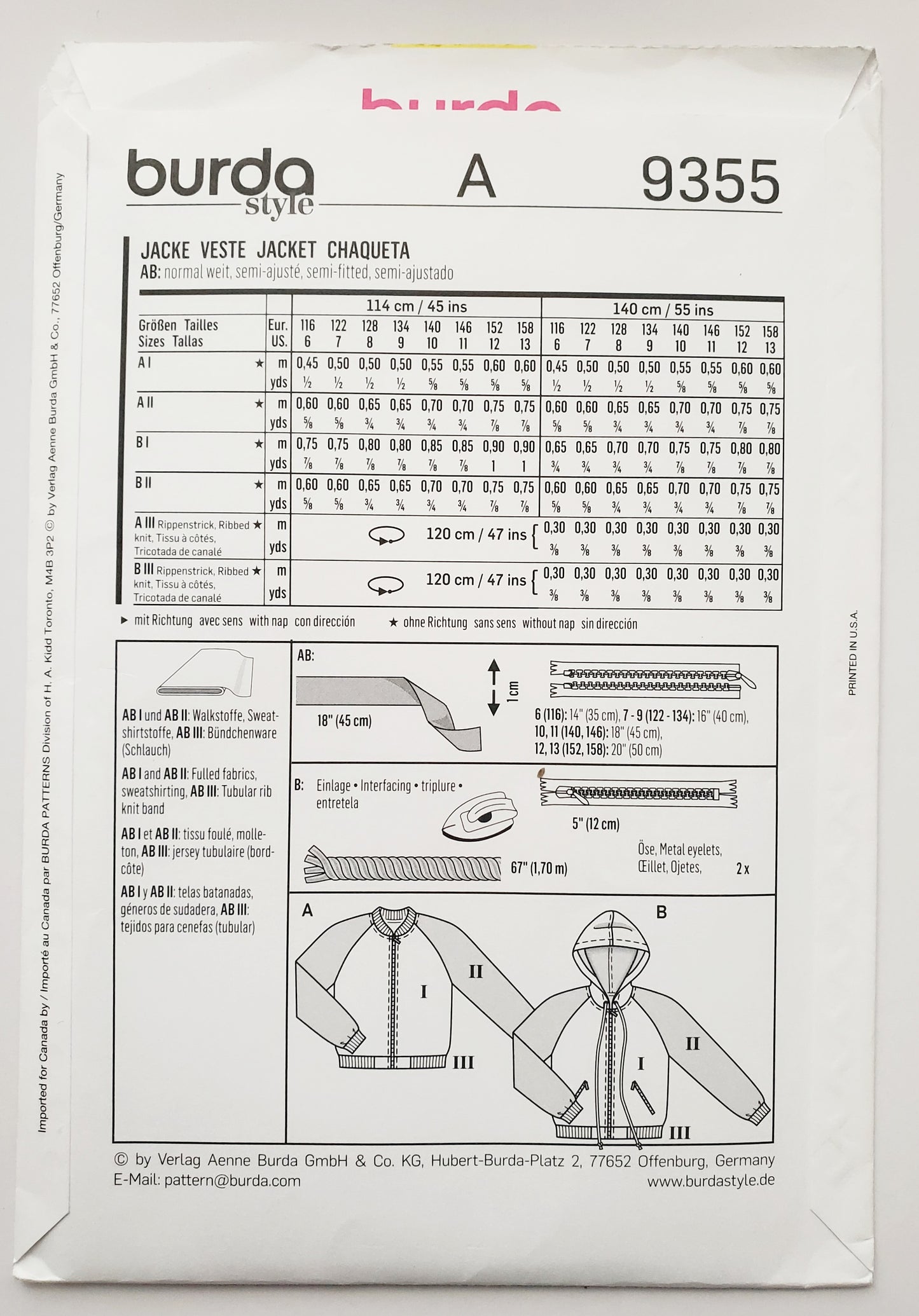 BURDA KIDS, Sewing Pattern 9355, Jackets, Bomber Jacket Style, Kids, Size 6-13