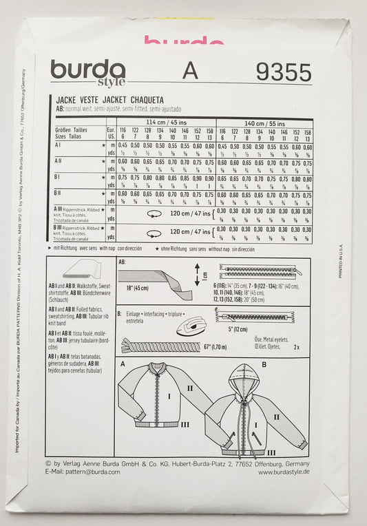 BURDA KIDS, Sewing Pattern 9355, Jackets, Bomber Jacket Style, Kids, Size 6-13 (Copy)