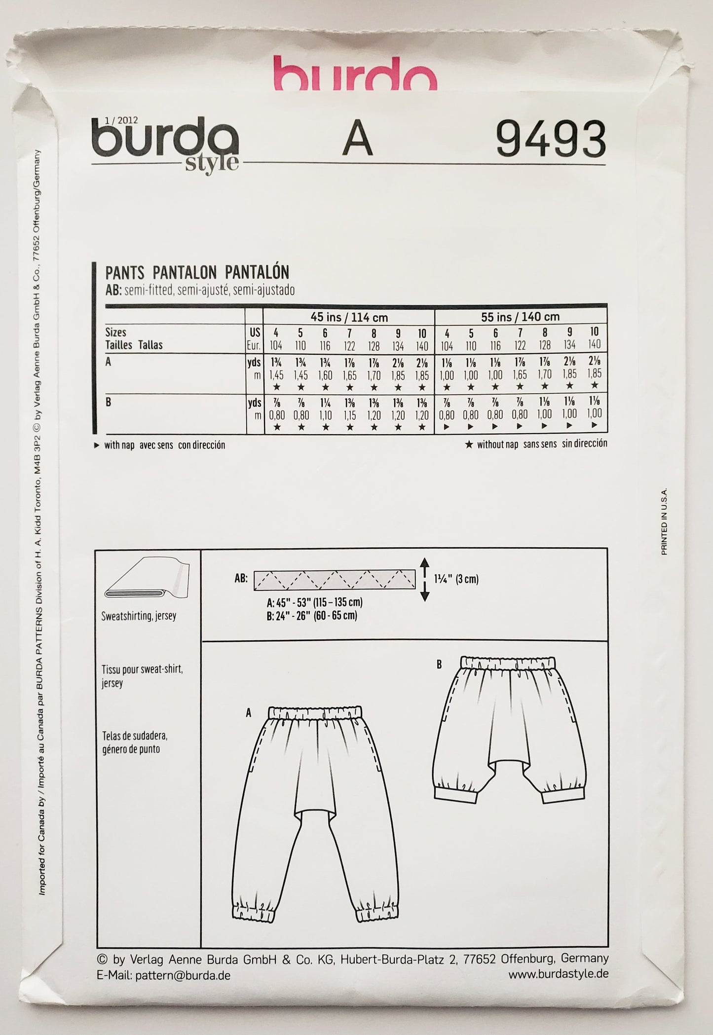 BURDA KIDS, Sewing Pattern 9493, Comfortable Pants, Girls, Kids, Size 4-10
