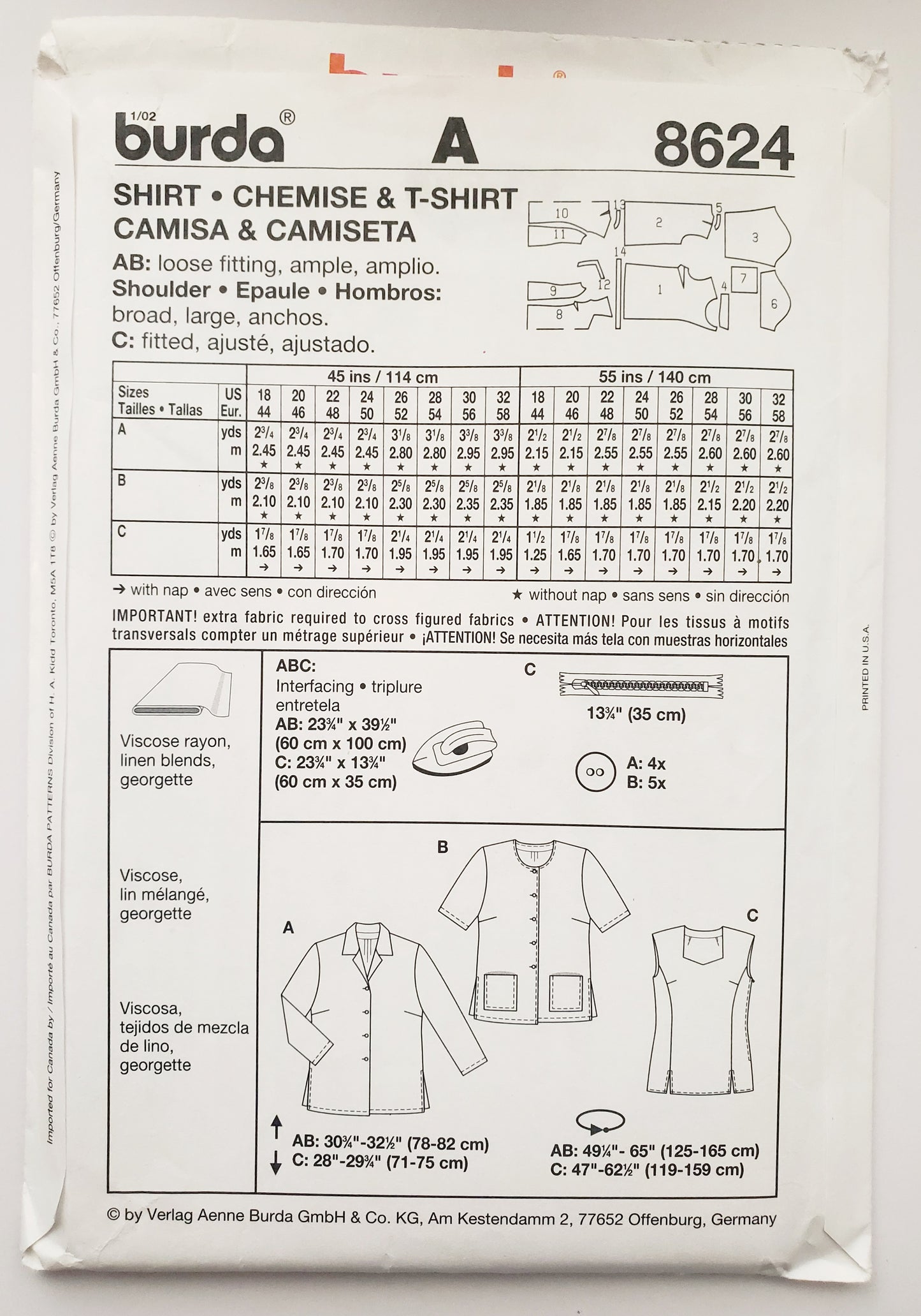 BURDA, Sewing Pattern 8624, Shirt, T-shirt, Top, Size 18-32