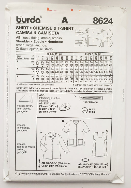 BURDA, Sewing Pattern 8624, Shirt, T-shirt, Top, Size 18-32