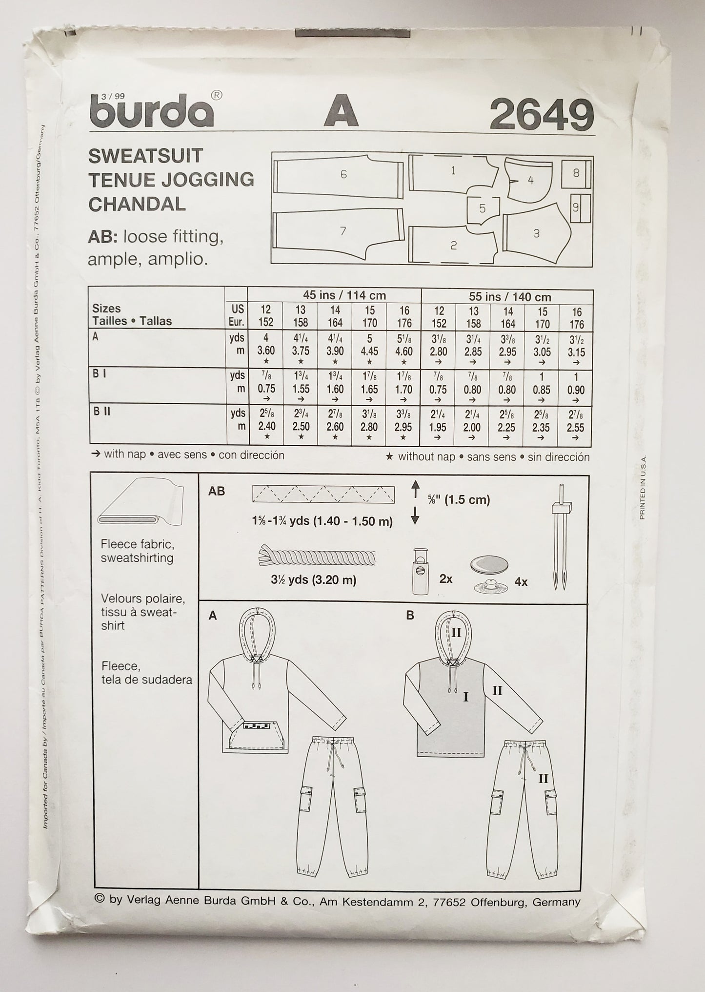 BURDA EASY, Sewing Pattern 2649, Jogging Outfit, Jumpers with Hood, Pants with Cargo Style Pockets, Boys, Kids, Teens, Size 12-16