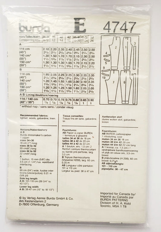 BURDA STUDIO, Sewing Pattern 4747, Pants, Straight Pants, Size 8-26