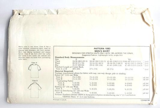 KWIK SEW Sewing Pattern 1083, Mens, Shirts, Crew Neckline, Front Pocket, Size S-XL