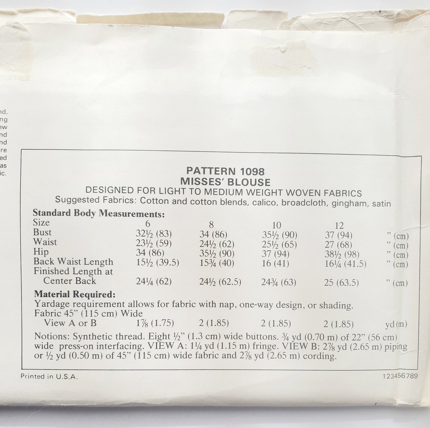 KWIK SEW Sewing Pattern 1098, Western Style Shirt, Buttoned Shirt, Blouse, Back Yokes, Size 6-12