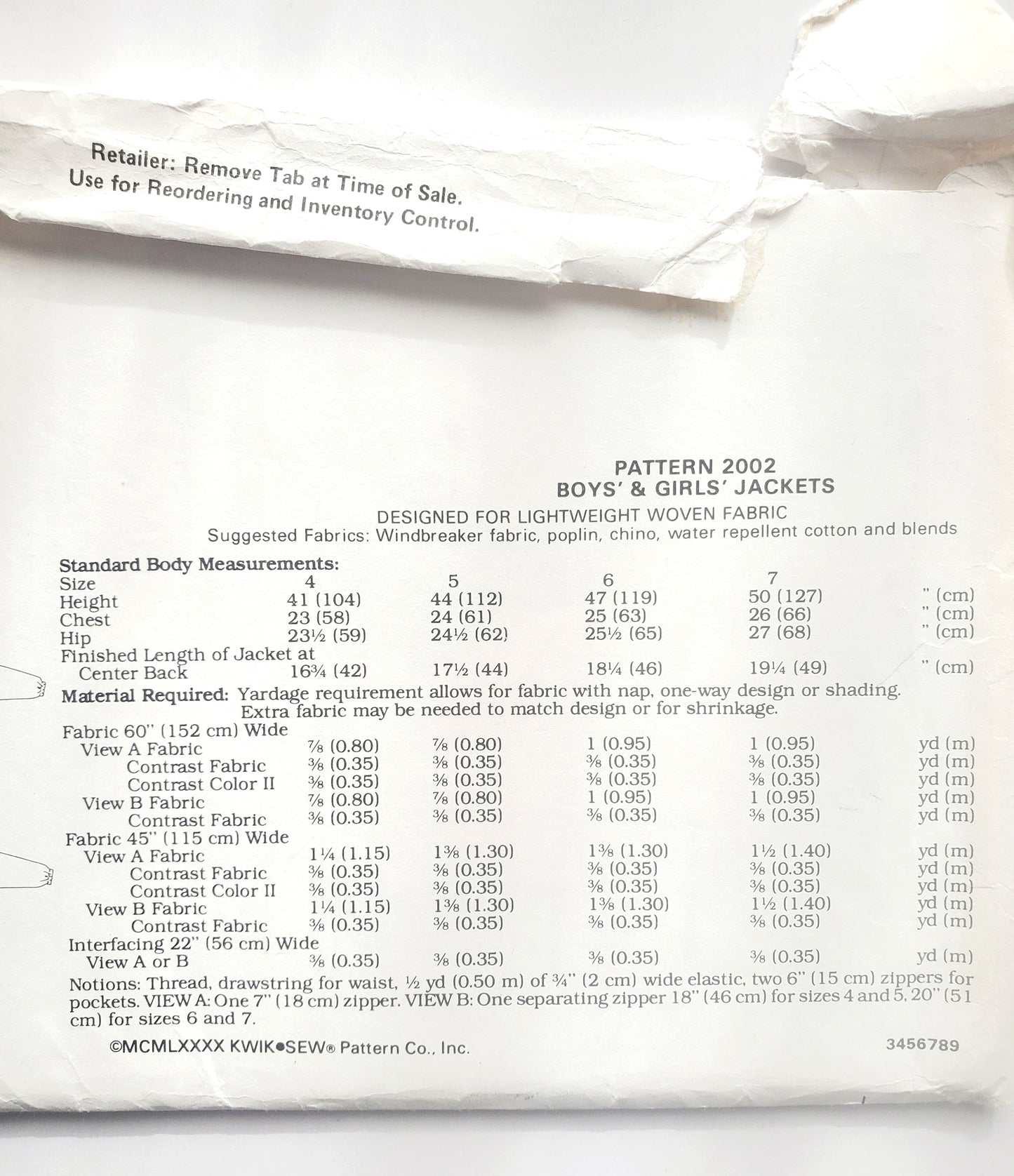 KWIK SEW Sewing Pattern, 2002, Kids, Boy, Girls, Jacket, Loose-Fitting, Size 4-7