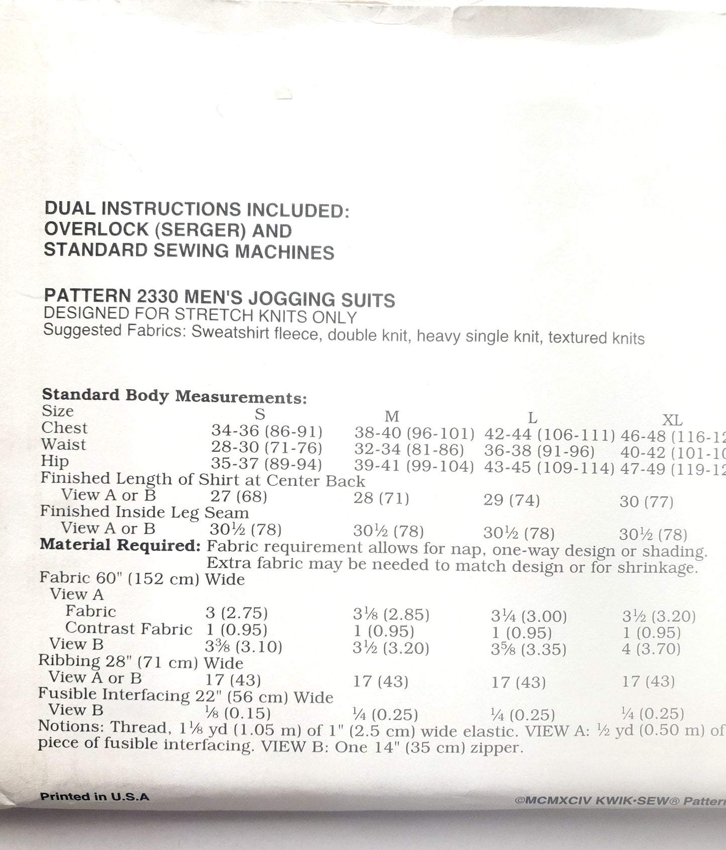 KWIK SEW Sewing Pattern, 2330, Men's Jogging Suit, Pants, Pullover Shirts, Sweater, Size S-XXL