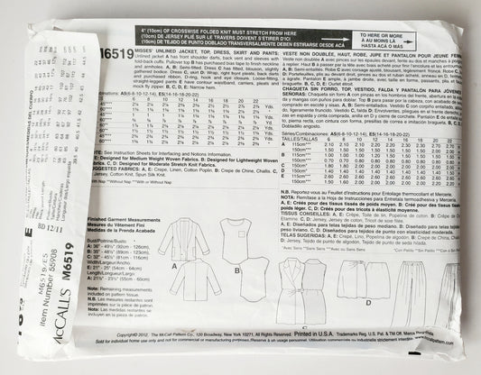 MCCALLS Sewing Pattern M6519 Jacket, Top, Collared Sleeveless Dress, Skirt, Pants Size 14-22