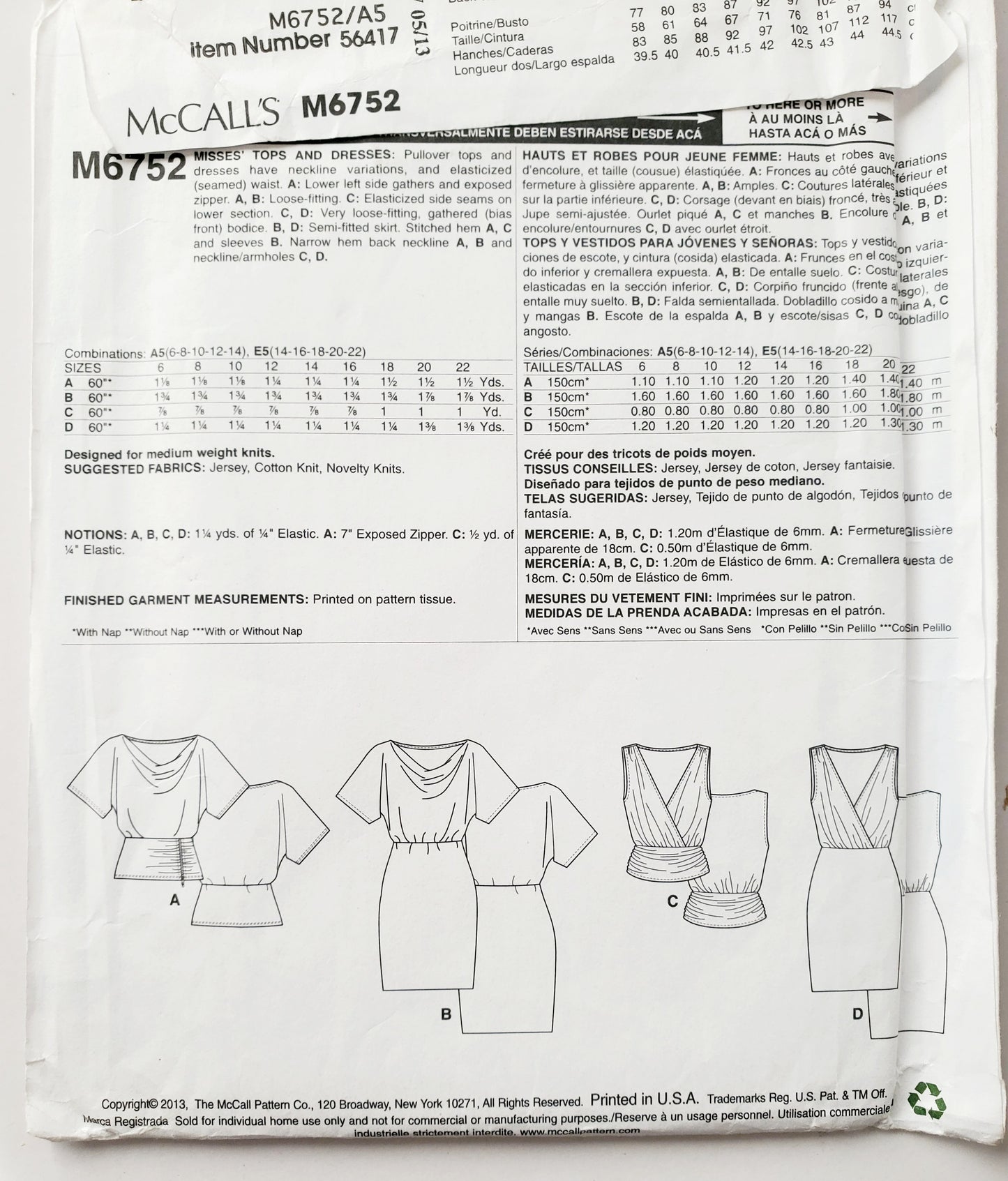 MCCALLS Sewing Pattern M6752 Pullover Tops, Dresses, Elasticized Waist, Size 6-14