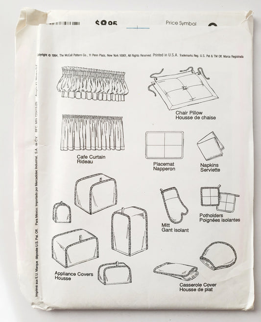MCCALLS Sewing Pattern 7486 Home Decorating, Kitchen Essentials, Curtain, Chair Pillow, Placement, Napkins, Mitt, Potholders, Casserole Cover, Appliance Covers