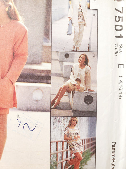 MCCALLS Sewing Pattern 7501 Unlined Jacket, Tunic, Top, Pull-on Pants, Pull-on Skirt, Size 14-18