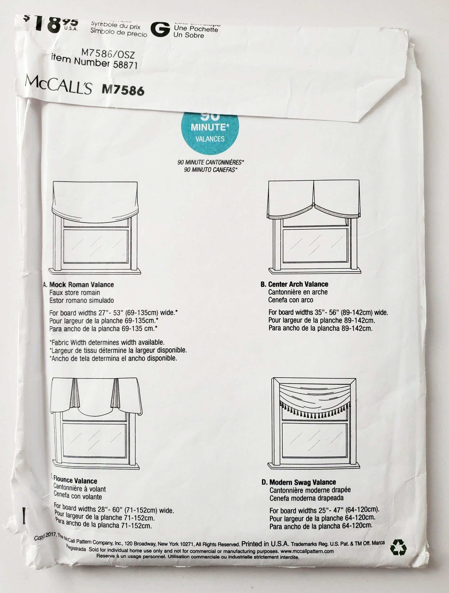 MCCALLS Sewing Pattern M7586 Home Craft- Valance - Mock Roman, Center Arch, Flounce, Modern