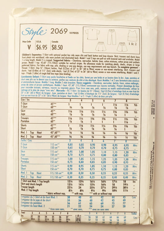 STYLE Sewing Pattern 2069, Kids, Girls, Children's Seperates, Top, T-shirt, Shorts, Skirts, Pants, Size 3-8