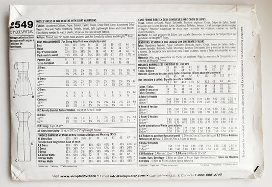 SIMPLICITY Sewing Pattern 2549, Designer Dress, Evening and Day Dress, Size 14-22