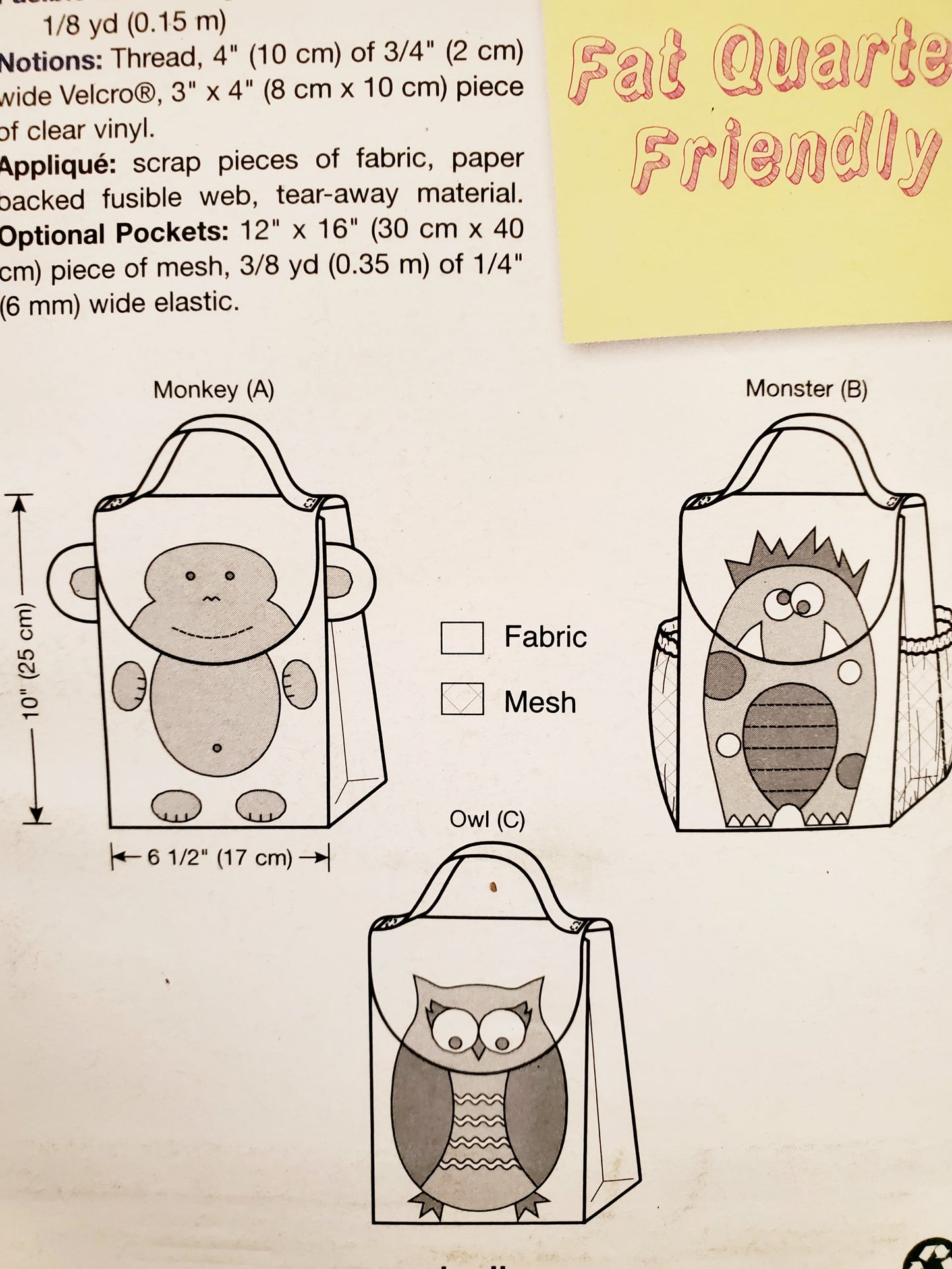 KWIK SEW Sewing Pattern 3925, Lunch Bags, Bags, Craft, Monkey, Monster, Owl, Kids