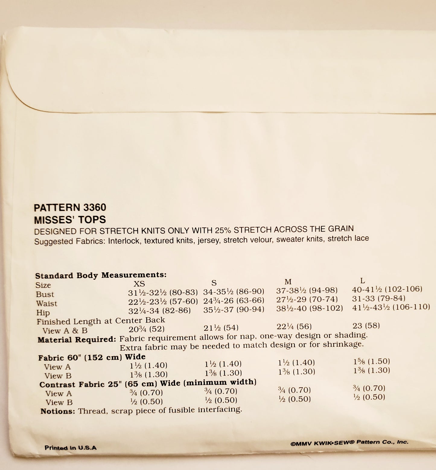 KWIK SEW Sewing Pattern 3360, Tops, Close-Fitting, Twisted Front, Lapped Front, Stretch Lace, Contrast Fabric, Size XS-XL