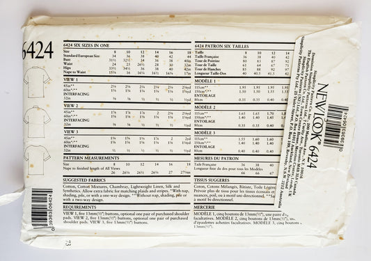 NEW LOOK Sewing Pattern 6424 Shirts or Blouse with Hidden Button Panel. Size 8-18