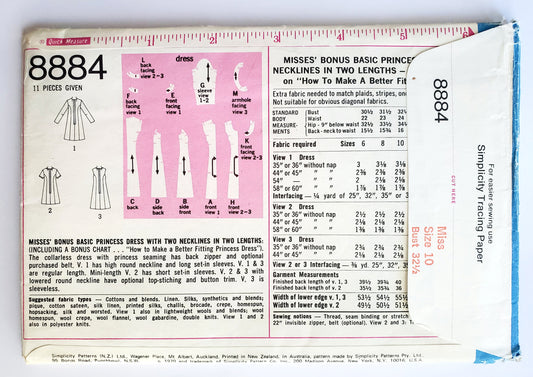 SIMPLICITY Sewing Pattern 8884, Princess Dress, Necklines, Two Lengths, Basic Dress, Size 10