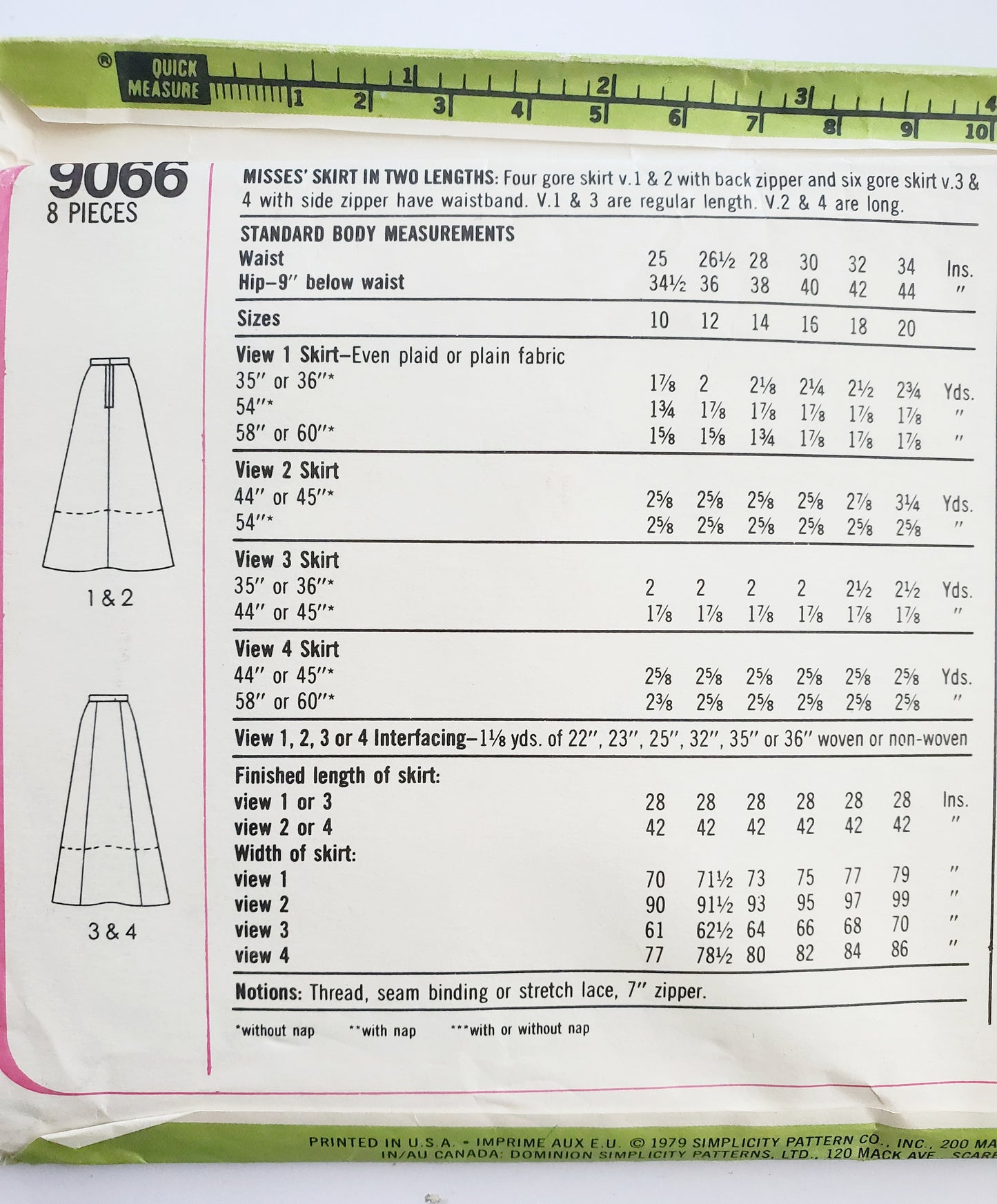 SIMPLICITY Sewing Pattern 9066, 70's, Skirts in Two Lengths, Four Gores, Size 10
