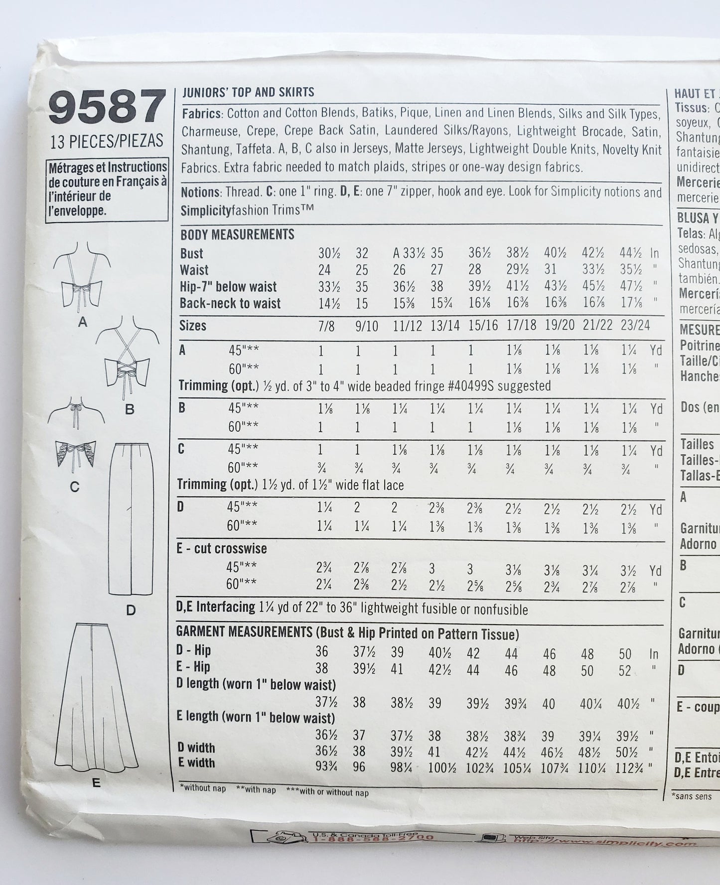 SIMPLICITY Sewing Pattern 9587, Top, Skirt, Prom Outfit, Junior, Teen, Girls, Size 7/8 - 15/16