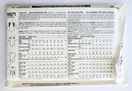 SIMPLICITY Sewing Pattern 9671, Top, Dolman Sleeves, Square Neckline, Cap Sleeves, Elasticized Shoulders, Waistline Ties, Size 14-22