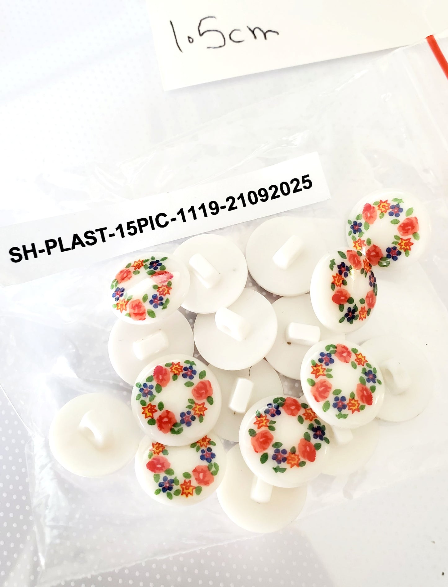 Shank Buttons, Floral, Round, Orange, Purple, Green, Size 1.5cm, 15mm, Plastic, QTY 17
