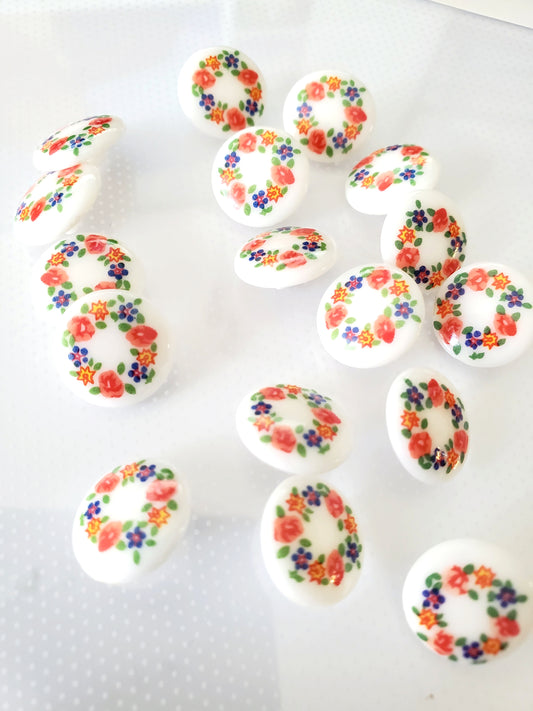 Shank Buttons, Floral, Round, Orange, Purple, Green, Size 1.5cm, 15mm, Plastic, QTY 17