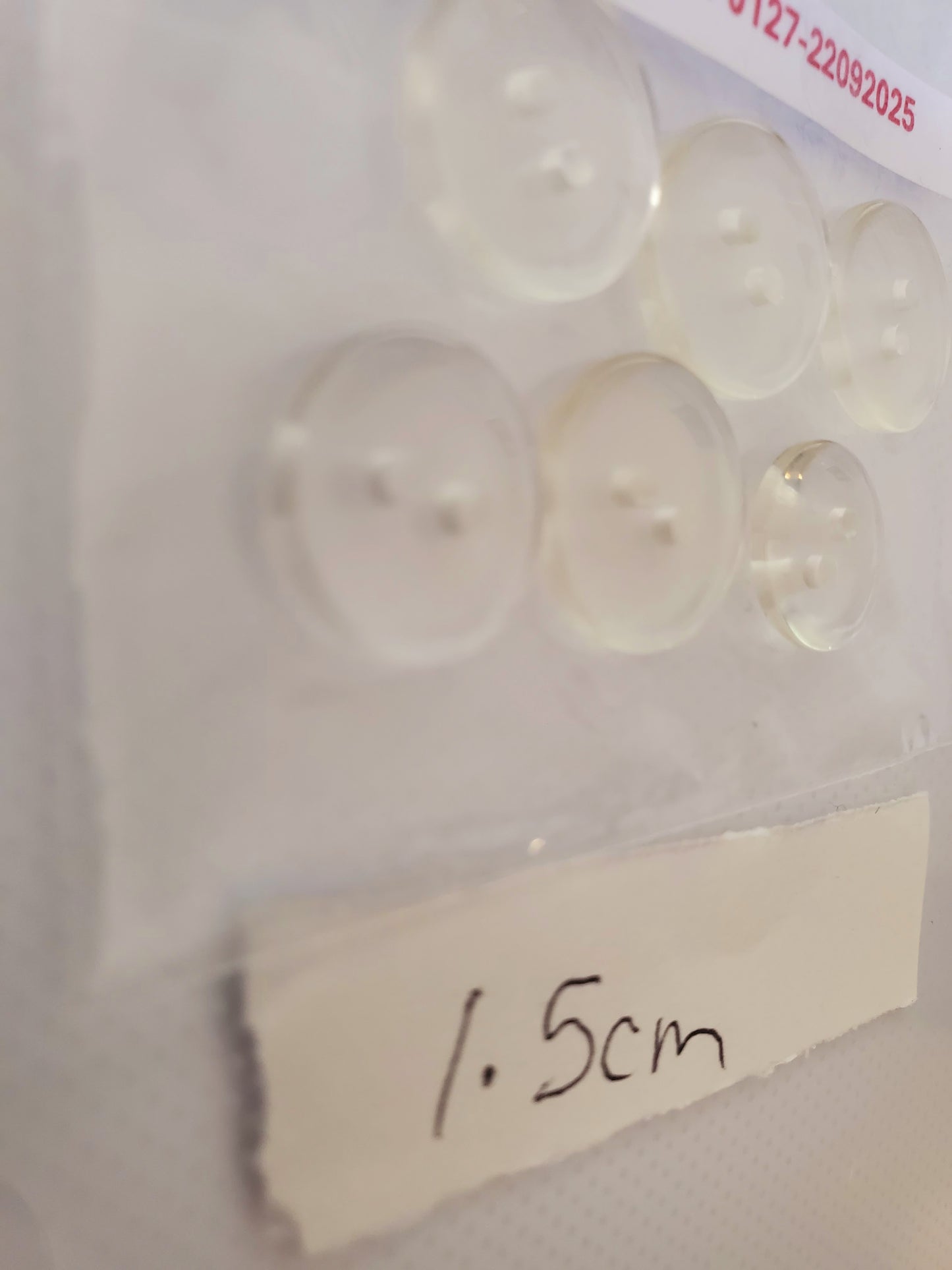 Clear Round 2-Holed Buttons, Size 15mm, 1.5cm (x5), 1.4cm (x1) Plastic, QTY 6