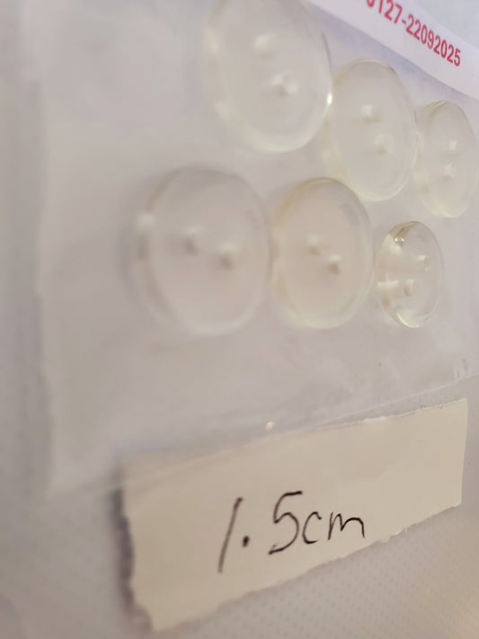 Clear Round 2-Holed Buttons, Size 15mm, 1.5cm (x5), 1.4cm (x1) Plastic, QTY 6