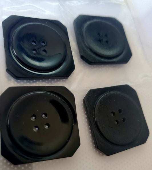 Large Black Square Vintage 4-Holed Buttons, Size 28mm, 2.8cm, Plastic, ?, QTY 4