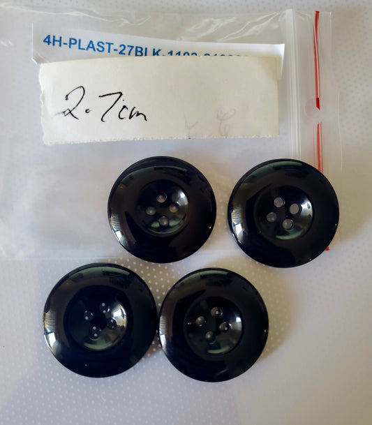 Large Black Raised Round 4-Holed Buttons, Size 27mm, 2.7cm, Plastic QTY 4