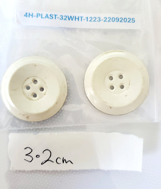 Large White Vintage 4-Holed Buttons, Round, Size 32mm 3.2cm, Vintage Plastic, QTY 2