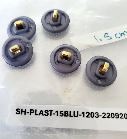 Blue Shank Buttons with Gold Colour Metal Filigree, Round, Size 15mm 1.5cm, QTY 5