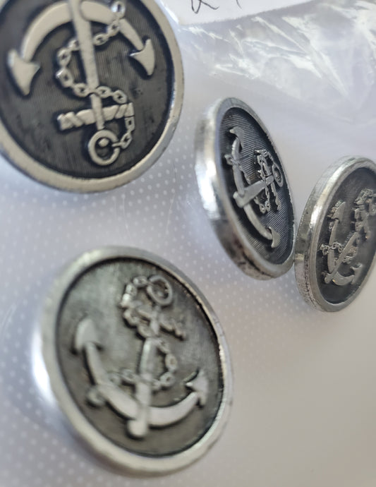 Large Black & Silver Coloured, Faux Metal Round Shank Buttons, Anchor Raised Image, Sea, Ships, Sailor Theme, Size 27mm, 2.7cm, Plastic QTY 4