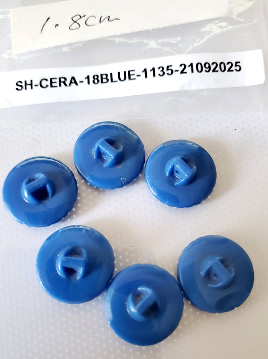 Shank Buttons, Blue, Round Flower, Size 18mm, 1.8cm, Vintage, Porcelain, QTY 6